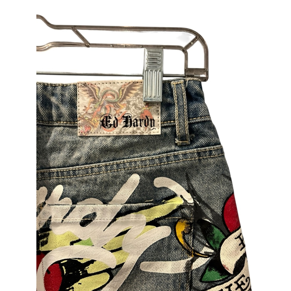Ed Hardy NWT Love Kills Slowly Size Small Denim Jean Mini Skirt Skull Heart Blue - Picture 8 of 10